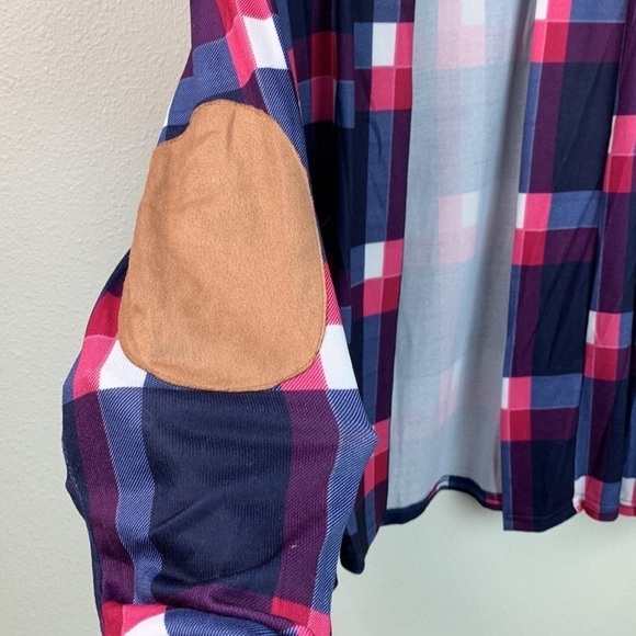 NWT Lightweight knit open front blue plaid shirt jacket faux suede elbow patches - Picture 6 of 9